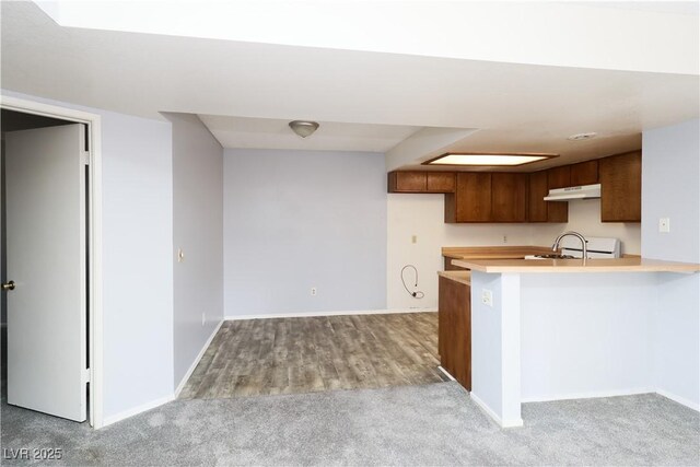 3790 Desert Marina Dr Unit 147, Laughlin, NV 89029 - kitchen featuring under cabinet range hood, light countertops, baseboards, a peninsula, and carpet flooring