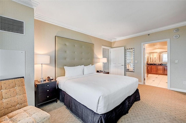 carpeted bedroom featuring ensuite bathroom and crown molding