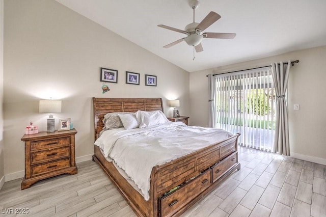 bedroom featuring access to outside, ceiling fan, and lofted ceiling