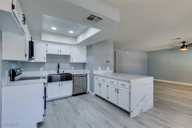 kitchen with white cabinets, appliances with stainless steel finishes, sink, kitchen peninsula, and ceiling fan