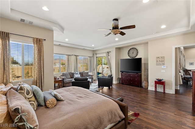 bedroom featuring dark wood-type flooring and ceiling fan