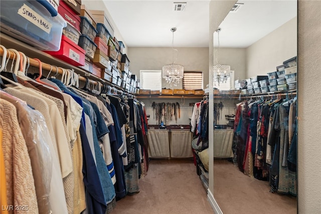 walk in closet with an inviting chandelier and light carpet