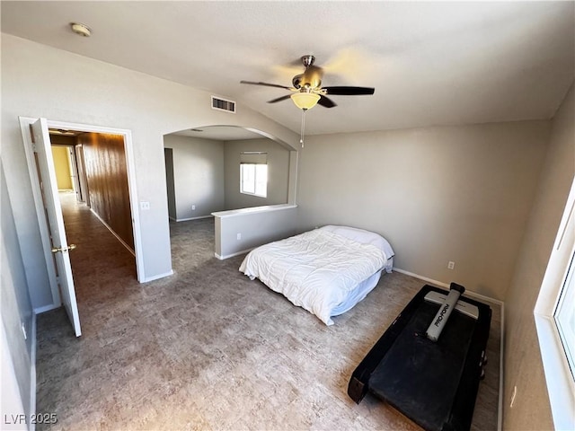 carpeted bedroom with ceiling fan