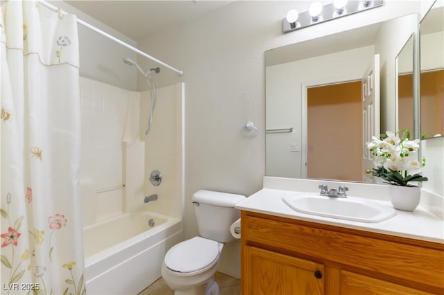 full bathroom featuring shower / bath combo with shower curtain, toilet, vanity, and tile patterned flooring