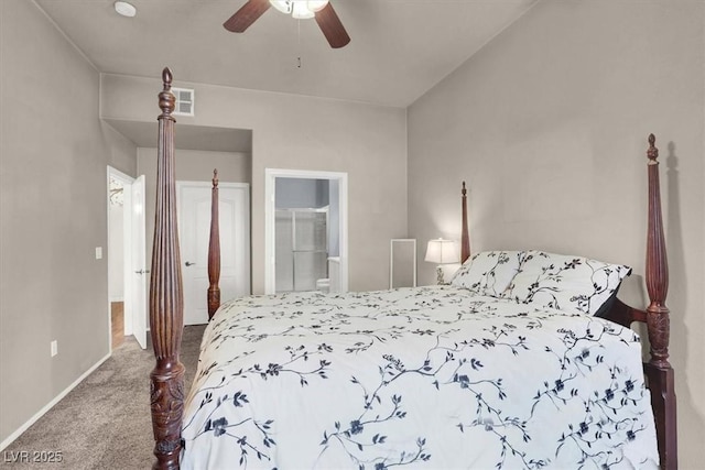 bedroom with ceiling fan, carpet flooring, and a closet