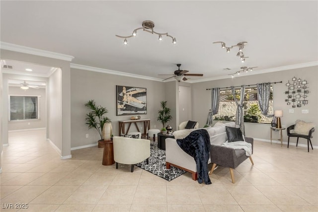 living room with ceiling fan, light tile patterned floors, and crown molding