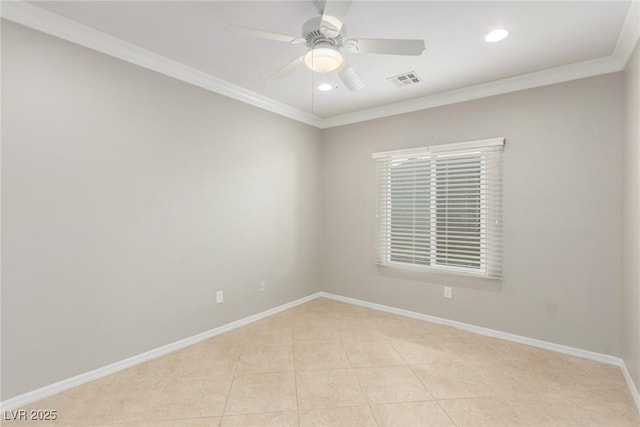 tiled spare room featuring ceiling fan and crown molding