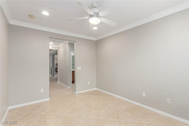 tiled spare room with ceiling fan and ornamental molding