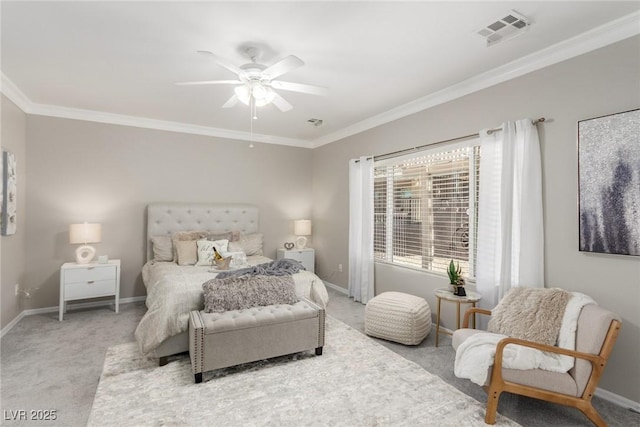 bedroom featuring ceiling fan, light carpet, and ornamental molding