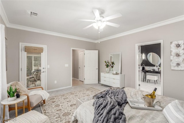 bedroom featuring ceiling fan and ornamental molding