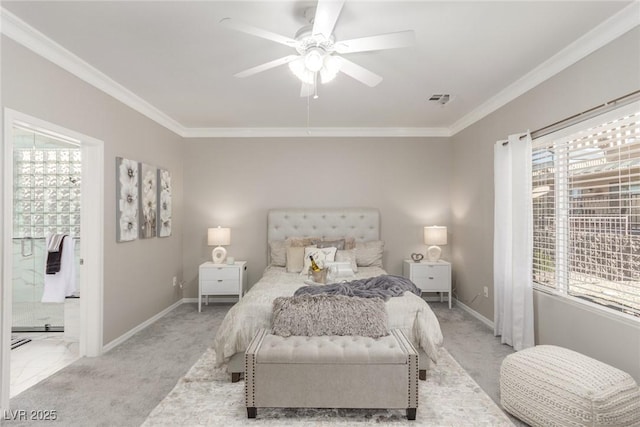 bedroom featuring light carpet, ceiling fan, ornamental molding, and multiple windows