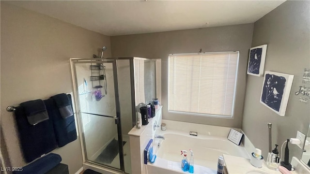 bathroom with plus walk in shower and vanity