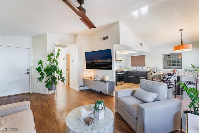 living room featuring a textured ceiling, lofted ceiling, and hardwood / wood-style floors