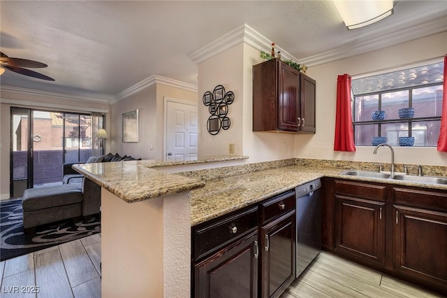 kitchen with sink, kitchen peninsula, ceiling fan, stainless steel dishwasher, and crown molding