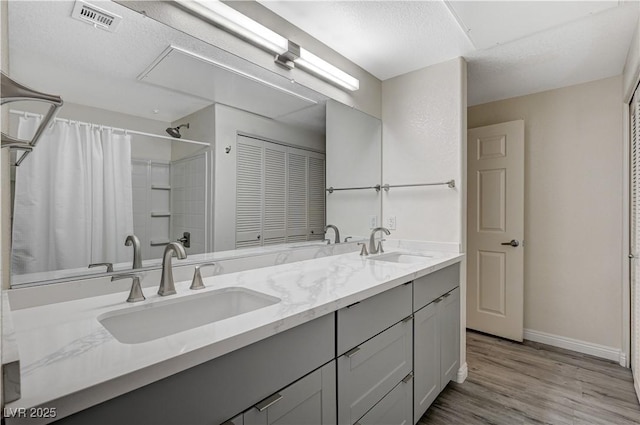 bathroom with vanity and hardwood / wood-style flooring