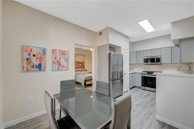 kitchen with gray cabinets, stainless steel appliances, and light wood-type flooring