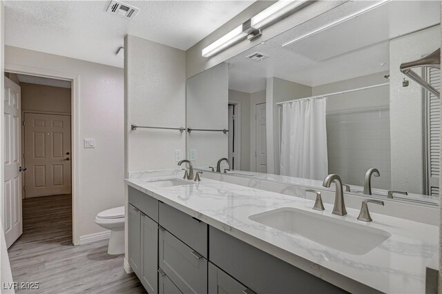 bathroom with vanity, toilet, hardwood / wood-style floors, and a textured ceiling