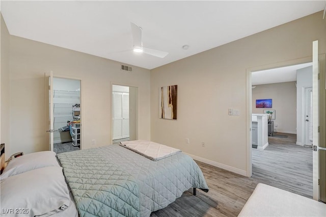 bedroom with a spacious closet, light hardwood / wood-style floors, and ceiling fan