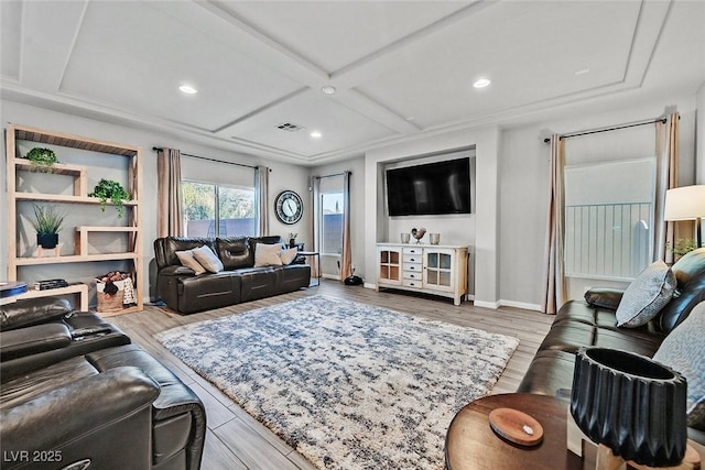 living room with coffered ceiling and light wood-type flooring