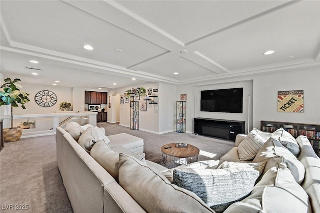 carpeted living room featuring coffered ceiling and beamed ceiling