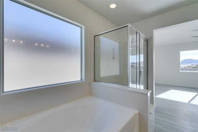 bathroom featuring a wealth of natural light and separate shower and tub