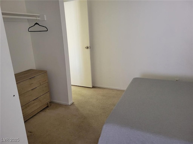 bedroom featuring light carpet