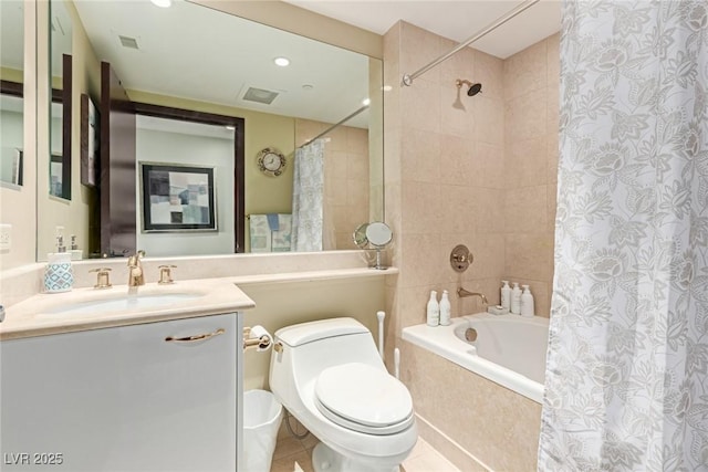 full bathroom featuring tile patterned flooring, vanity, shower / bathtub combination with curtain, and toilet