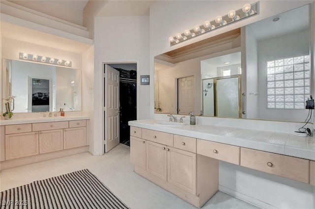 bathroom featuring vanity and a shower with shower door