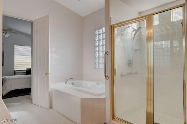 bathroom featuring a healthy amount of sunlight, ceiling fan, and shower with separate bathtub