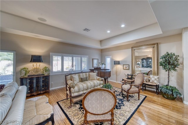 living room featuring a raised ceiling and light hardwood / wood-style flooring