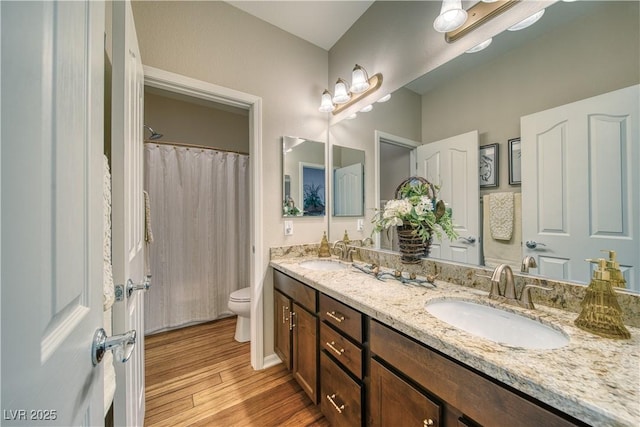 bathroom with hardwood / wood-style flooring, vanity, toilet, and curtained shower