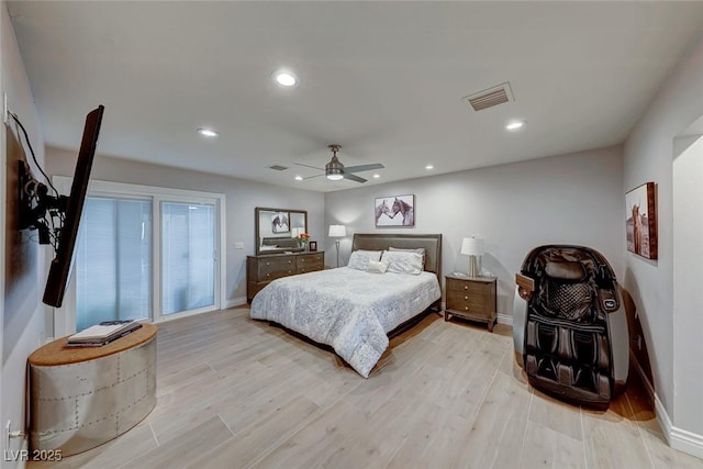 bedroom featuring ceiling fan, light wood-type flooring, and access to outside