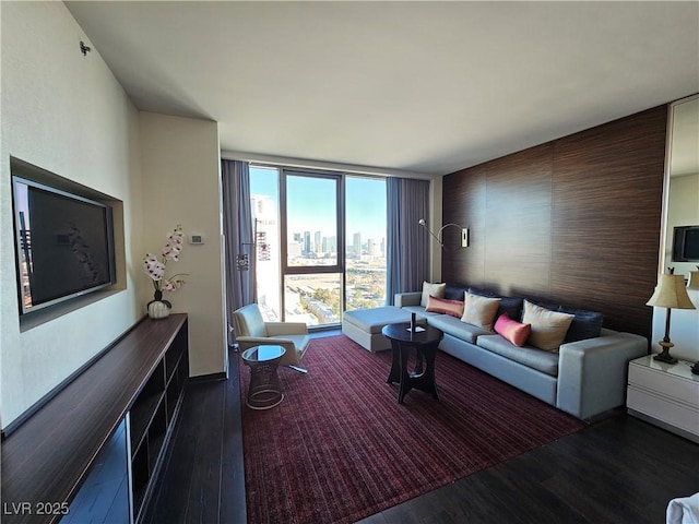 living room featuring expansive windows and dark wood-type flooring