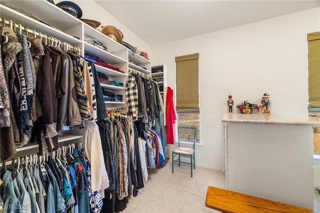 spacious closet featuring light colored carpet