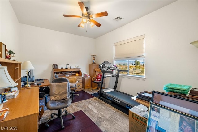 office area featuring ceiling fan and dark hardwood / wood-style floors