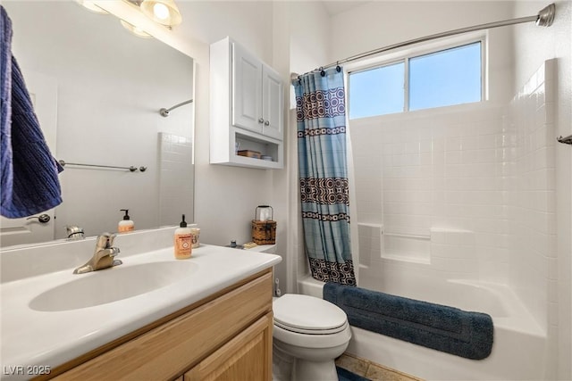 full bathroom featuring toilet, shower / tub combo, and vanity