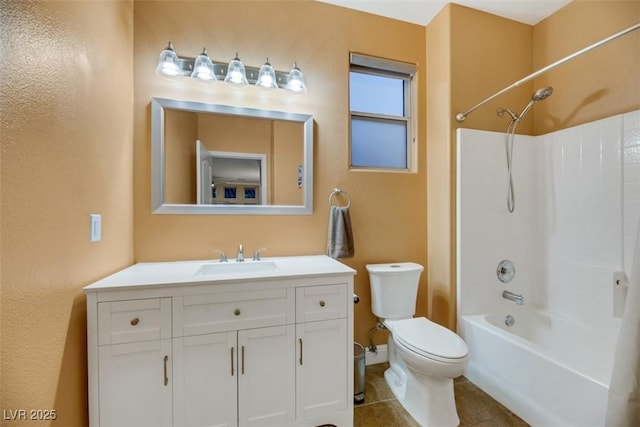 full bathroom with shower / tub combination, toilet, tile patterned flooring, and vanity