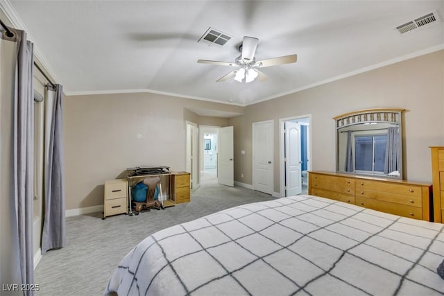 bedroom featuring vaulted ceiling, ceiling fan, crown molding, and light colored carpet