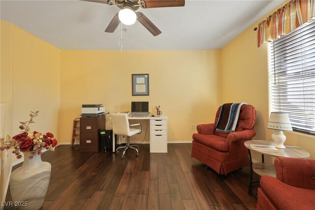 office area featuring ceiling fan and dark hardwood / wood-style floors