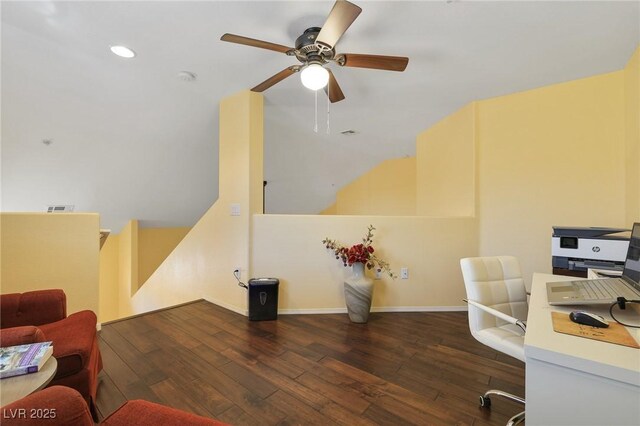 office featuring ceiling fan and dark wood-type flooring