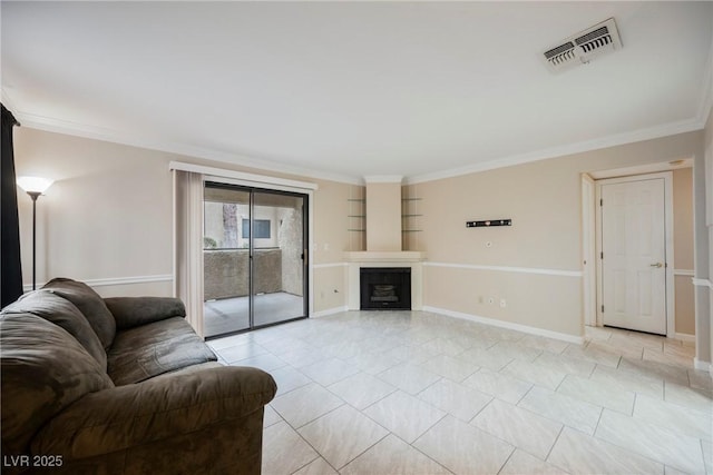 living room with crown molding and light tile patterned floors