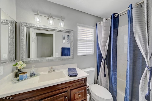 full bathroom with vanity, toilet, and shower / bathtub combination with curtain