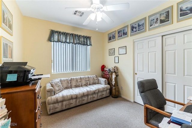 office area featuring ceiling fan and carpet flooring