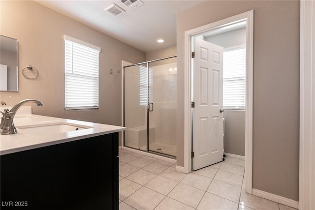 bathroom featuring tile patterned flooring, vanity, and walk in shower