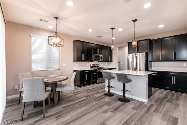 kitchen featuring stainless steel appliances, a kitchen breakfast bar, an island with sink, and hanging light fixtures