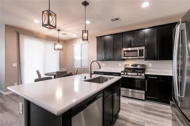 kitchen featuring appliances with stainless steel finishes, sink, hanging light fixtures, a center island with sink, and light wood-type flooring