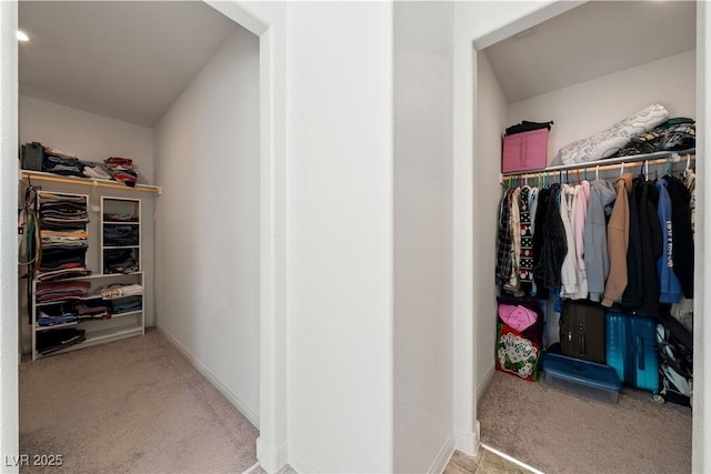 walk in closet with light colored carpet