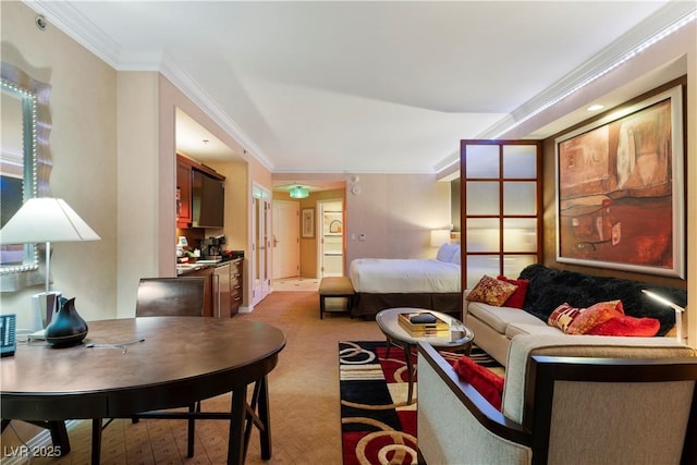 living room with light carpet and crown molding