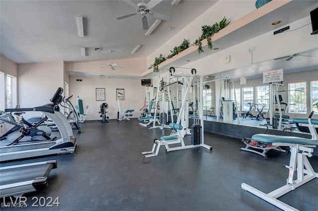 gym featuring ceiling fan