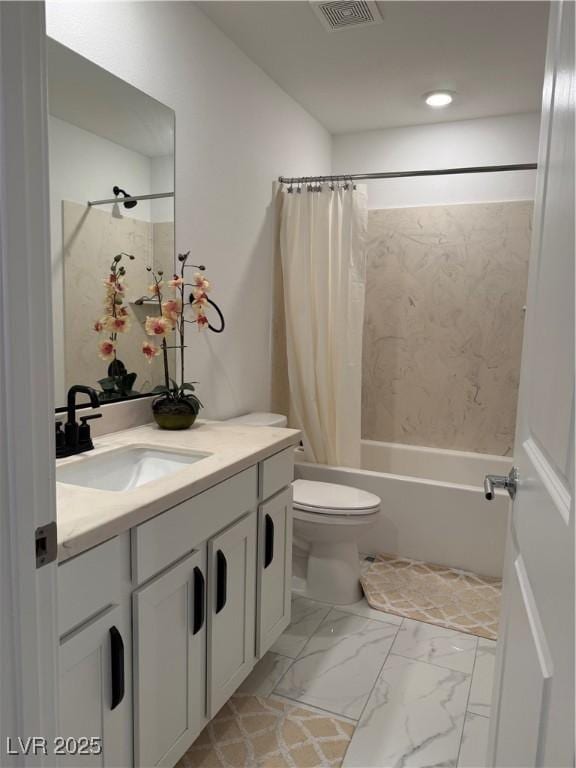 full bathroom with toilet, vanity, and shower / tub combo with curtain